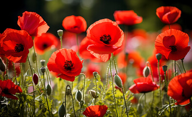 Sunlit poppy field with vibrant red petals and delicate buds, embodying the warm essence of summer.