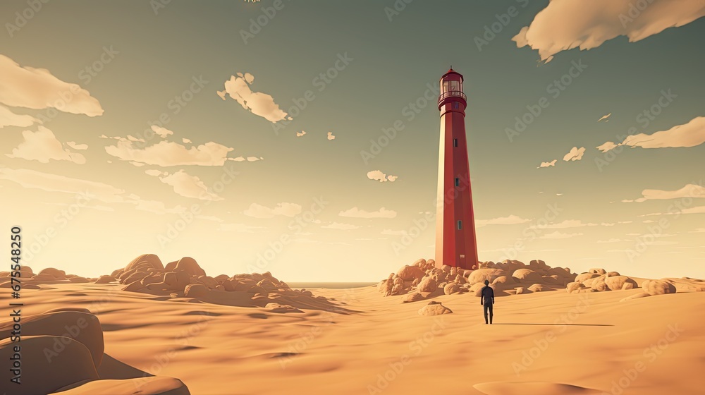 Aufkleber a person standing in front of a red light house in the middle of a desert with rocks and a sky backg