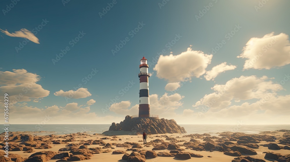 Poster a computer generated image of a lighthouse in the middle of a rocky area with a body of water in the