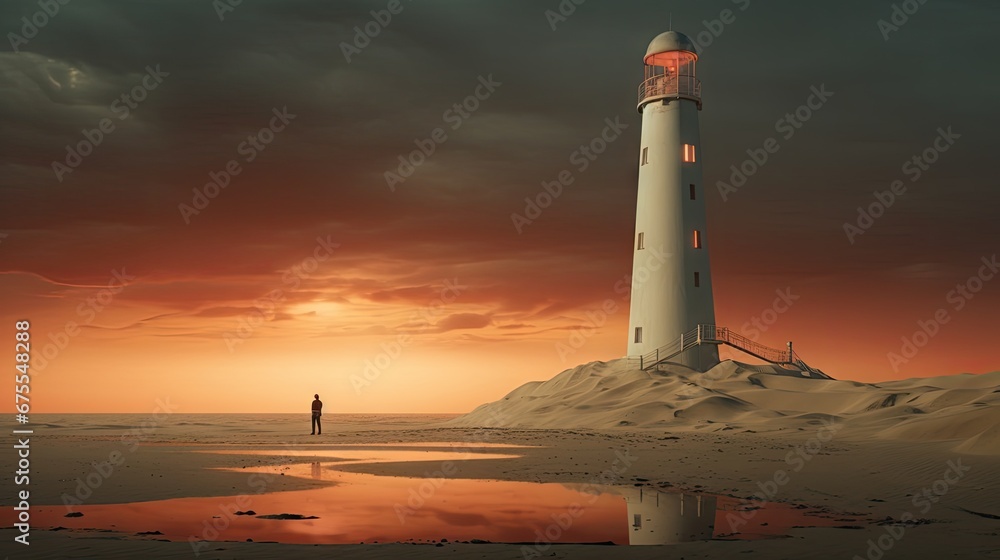 Poster a man standing in front of a lighthouse on a sandy beach with the sun setting in the sky behind him.