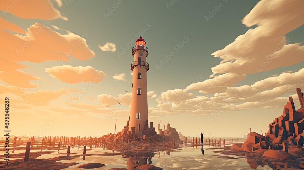 Poster a painting of a lighthouse in the middle of a body of water with a pier in the foreground and clouds