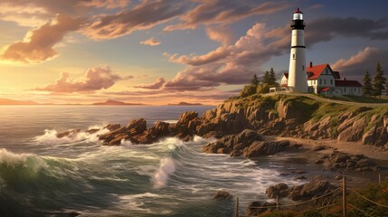 Obraz premium a painting of a lighthouse on top of a cliff next to a body of water with waves crashing in front of it. generative ai