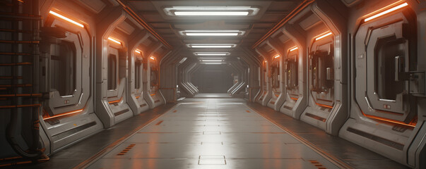Sci Fi interior. White corridor, tunnel in spaceship or future building. - obrazy, fototapety, plakaty