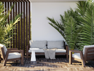 Backyard with outdoor furniture - sofa and armchairs. Shade gazebo and palm trees. Exotic terrace porch garden for relax. Sunny day on the veranda patio.  Outdoor place. 3d rendering - obrazy, fototapety, plakaty