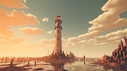  a painting of a lighthouse in the middle of a body of water with a pier in the foreground and clouds in the background.  generative ai