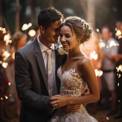 bride and groom in front of a nighttime lights and sparklers