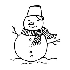 Hand drawn snowman isolated on while background. Flat design.