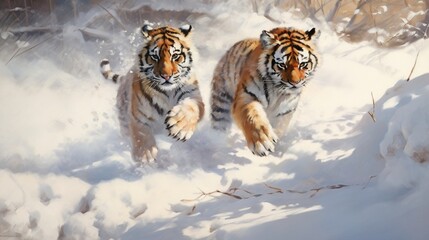 Two tiger siblings playfully tussling in the snow of a Siberian wilderness, leaving paw prints behind.