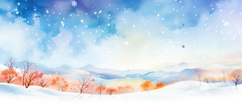 In the background of a Christmas themed abstract design vibrant watercolor strokes depict the beauty of nature in winter with delicate snowflakes falling gracefully The concept highlights th