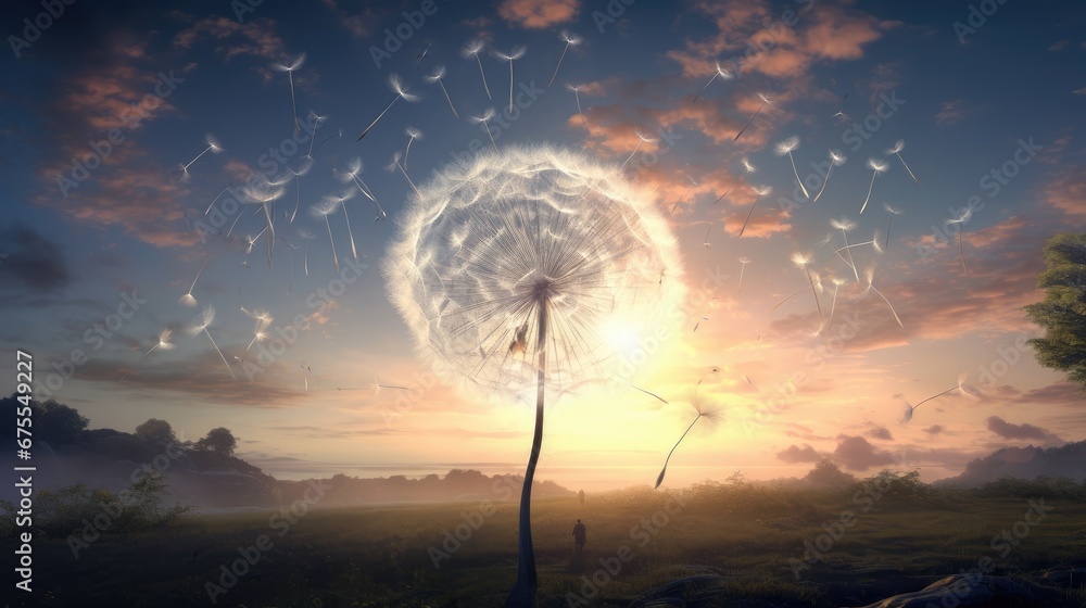 Poster a dandelion blowing in the wind with the sun setting behind it and a person walking in the distance.