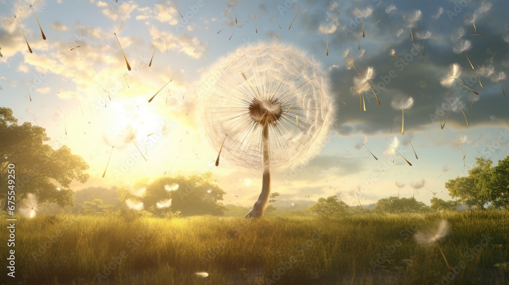 Poster a dandelion blowing in the wind in a field with trees and clouds in the background with the sun shin