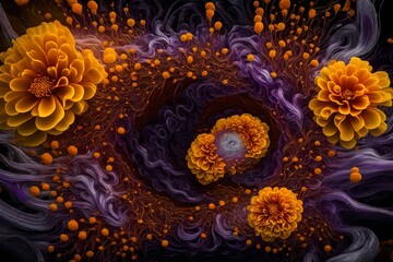 Liquid marigold and amethyst intermingling in a surreal explosion