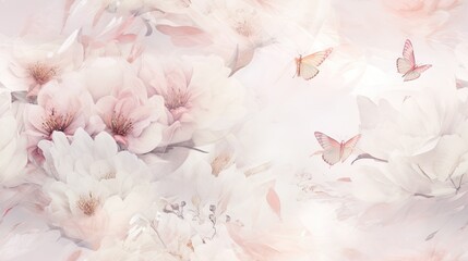  a bunch of pink flowers with a butterfly flying over them on a pink and white background with a butterfly in the middle of the photo.  generative ai