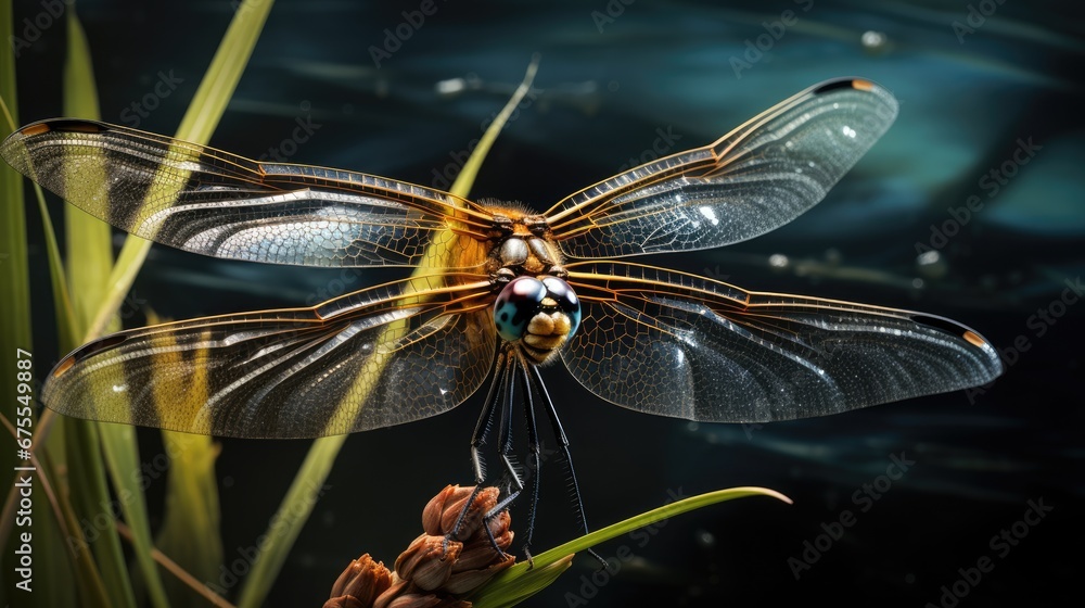 Poster a close up of a dragonfly on a plant with water in the background and grass in the foreground. gener
