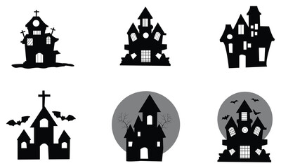 6 Haunted House silhouette collection. scary halloween house bundle set.