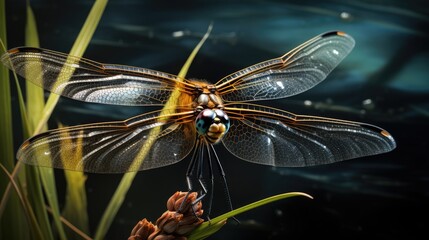  a close up of a dragonfly on a plant with water in the background and grass in the foreground.  generative ai