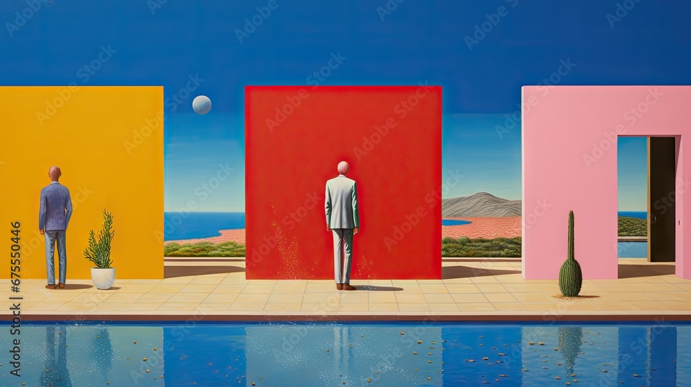 Poster a painting of a man standing in front of a pool with three doors and a cactus in front of it. genera