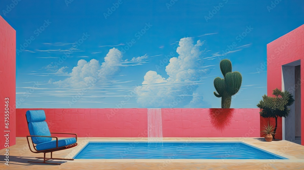 Poster a painting of a pool with a blue chair next to it and a large cactus in the middle of the pool. gene