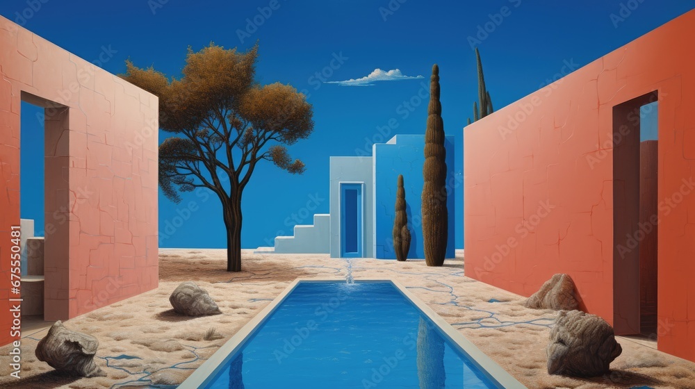 Poster a painting of a pool in the middle of a desert with a tree in the middle of the pool and a blue sky 