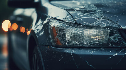 Close-up of a broken car after an accident, crash, collision on the road. Car body repair, replacement of components, insurance compensation. 