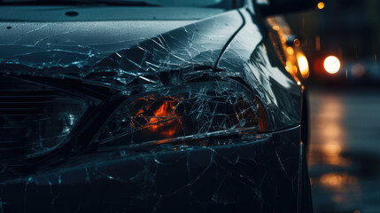 Close-up of a broken car after an accident, crash, collision on the road. Car body repair, replacement of components, insurance compensation.  - obrazy, fototapety, plakaty