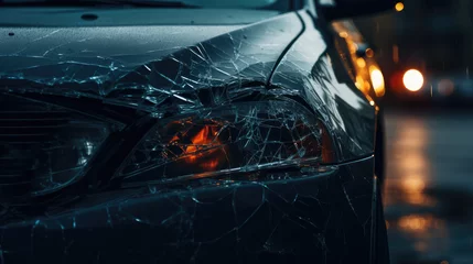  Close-up of a broken car after an accident, crash, collision on the road. Car body repair, replacement of components, insurance compensation.  © IndigoElf