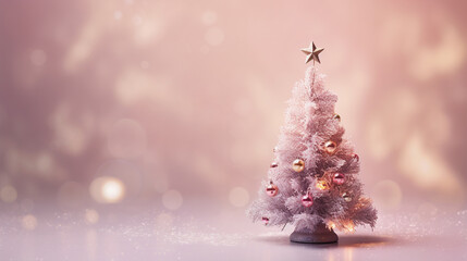 Miniature Pink Decorated Christmas Tree with Twinkle Glowing Lights Background Against a Pastel Textured Backdrop - Faux Snowflakes Falling Effect with Copy Space - Xmas Concept