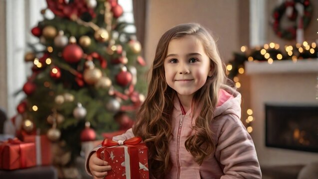 A little joyful blonde girl wearing a pink warm sweater and holding a red gift box on a New Year's background looks at the camera and smiles.
