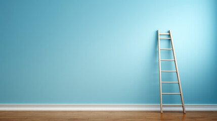 Stepladder ladder against painted blank wall in new apartment, copy space. Creative concept of renovation, repair work after moving to new apartment.  - Powered by Adobe