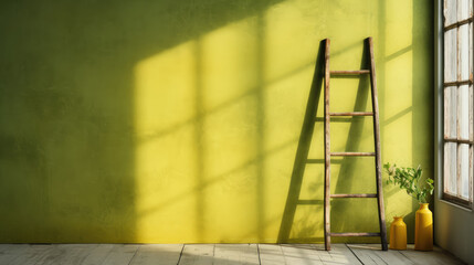 Stepladder ladder against painted blank wall in new apartment, copy space. Creative concept of renovation, repair work after moving to new apartment. 