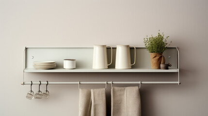 Wall nailed shelf in apartment interior, copy space. Convenient storage, shelf for housewares and decor. Minimal style. 