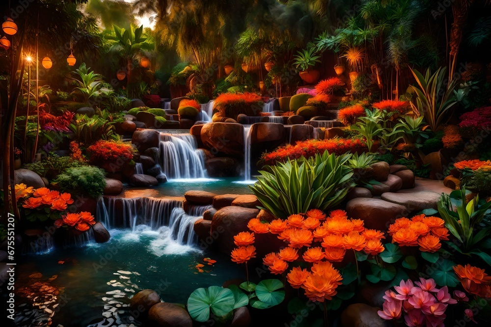 Poster an exotic garden in evening with a waterfall illuminated with the orange hue of the setting sun is a