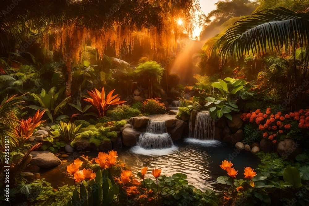 Poster an exotic garden in evening with a waterfall illuminated with the orange hue of the setting sun is a