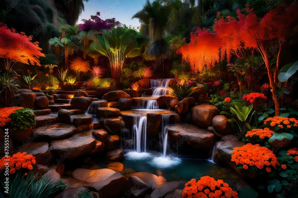 Poster an exotic garden in evening with a waterfall illuminated with the orange hue of the setting sun is a