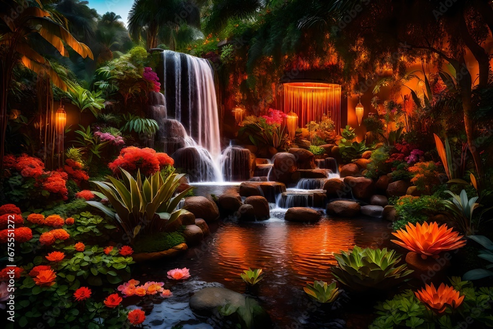 Poster an exotic garden in evening with a waterfall illuminated with the orange hue of the setting sun is a