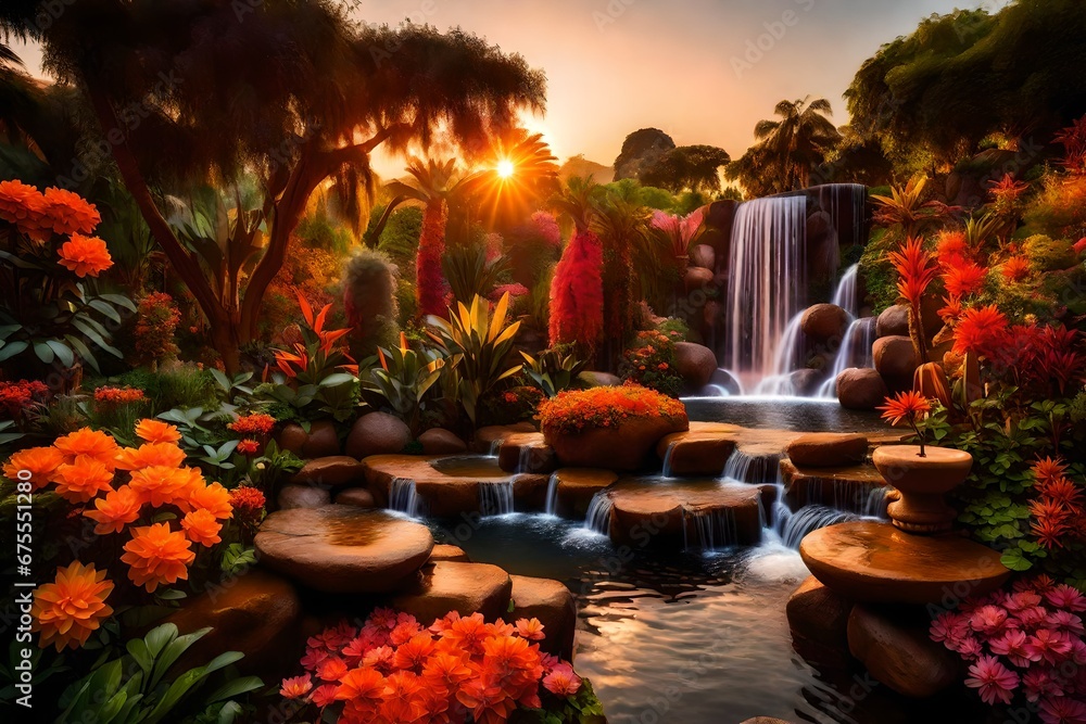 Poster an exotic garden in evening with a waterfall illuminated with the orange hue of the setting sun is a