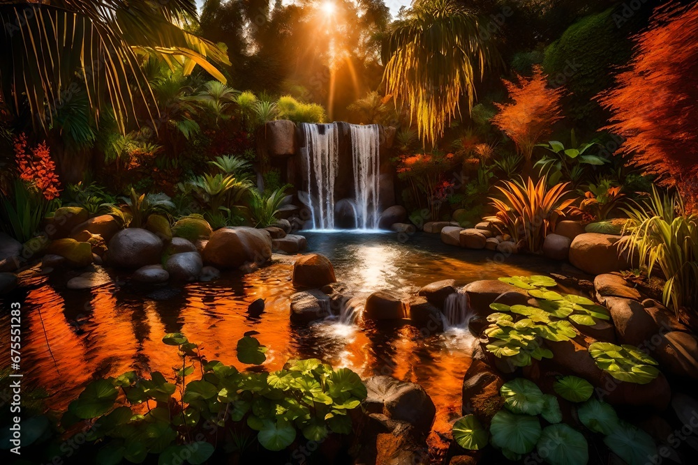 Aufkleber an exotic garden in evening with a waterfall illuminated with the orange hue of the setting sun is a