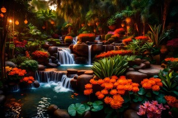 An exotic garden in evening with a waterfall illuminated with the orange hue of the setting sun is a place of wonder and tranquility - AI Generative