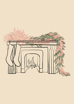 recommend clip art: Minimalist illustration of a fireplace and colorful garlands. Christmas sketch to decorate. Christmas doodle poster
