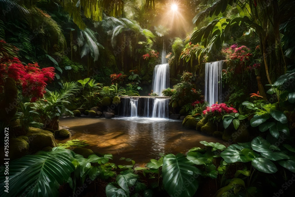 Poster an exotic garden with a waterfall on a gloomy day with shining rays of sun - ai generative