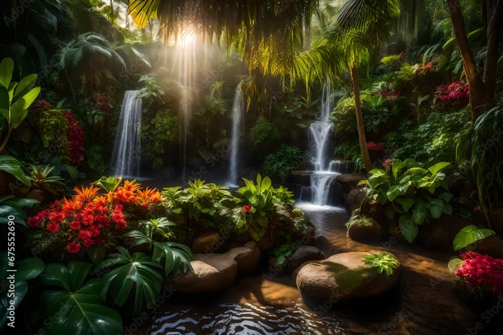 Poster an exotic garden with a waterfall on a gloomy day with shining rays of sun - ai generative