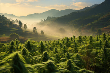 Cannabis field, foggy sunrise, mountains in the background - obrazy, fototapety, plakaty