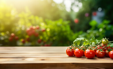 Empty rustic old wooden boards table copy space with tomato farm in background. Few ripe vegetables on desk. Product display template. Generative AI - obrazy, fototapety, plakaty