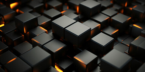 futuristic black cubes with orange lights, abstract pattern banner background