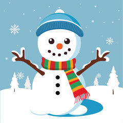 Ilustración vectorial de lindo y feliz muñeco de nieve saludando, con sombrero y bufanda para el frío en colores navideños.