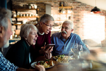 Senior friends laughing over dinner at home - obrazy, fototapety, plakaty