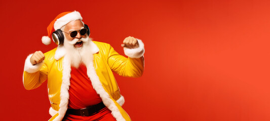 Happy jolly Santa Claus in yellow costume and headphones dancing on yellow background