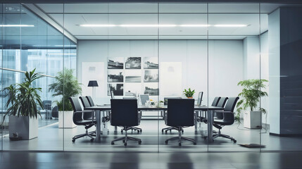 Modern and elegant empty office interior design with black chairs and mat black metal table sitting on a shiny gray floor decorated with tropical plants 