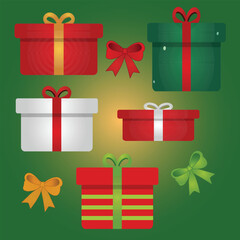 Ilustración vectorial de lindas cajas de regalo y lazos en colores navideños