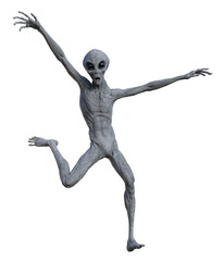 Illustration of a gray alien with arms up and leg outstretched backwards acting goofy while isolated on a white background. - obrazy, fototapety, plakaty